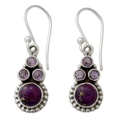 A sweet purple orb centers a diminutive flower in earrings from Neeru Goel. Handcrafted of sterling silver the delightful design crowns composite turquoise with sparkling amethysts. Purple Round Pierced Earrings, Purple Round Earrings With Gemstone Accents, Round Purple Earrings With Gemstone Accents, Purple Gemstone Accented Round Earrings, Purple Gemstone Accent Round Earrings, Adjustable Lavender Sterling Silver Earrings, Purple Fine Jewelry With Matching Earrings, Sterling Silver Dangle Earrings With Gemstone Accents, Hypoallergenic Lavender Jewelry