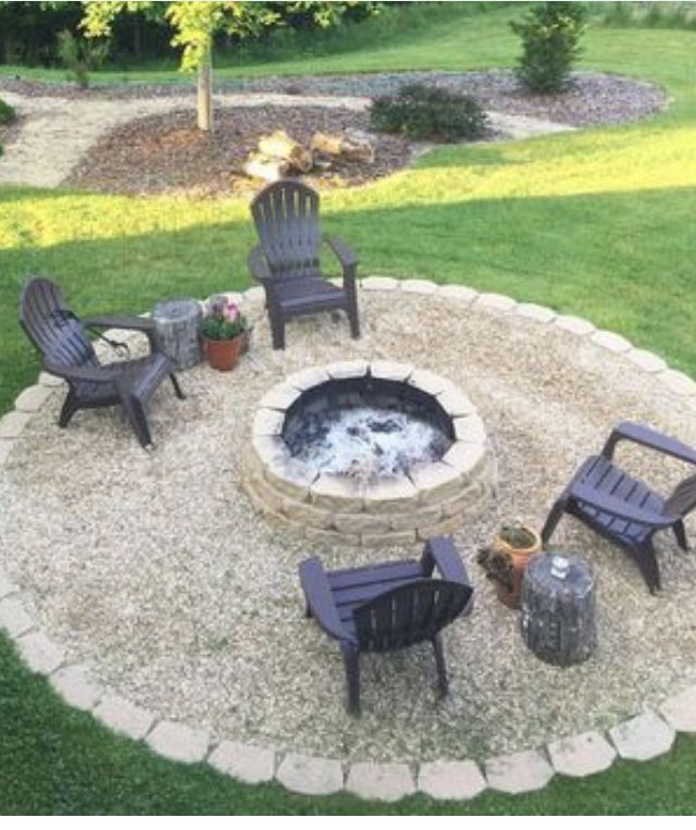 an outdoor fire pit with chairs around it