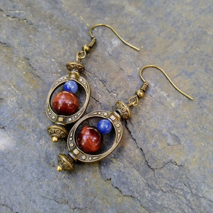 Red Tigers Eye Earrings w Natural Blue Aventurine #naturalstone #earthyjewelry #snarkyowlworkshop Jewelry Hoop Earrings, Business Ads, Etsy Photography, Diving Helmet, Blue Aventurine, Tiger Eye Earrings, Red Tigers Eye, Earring Ideas, Etsy Christmas