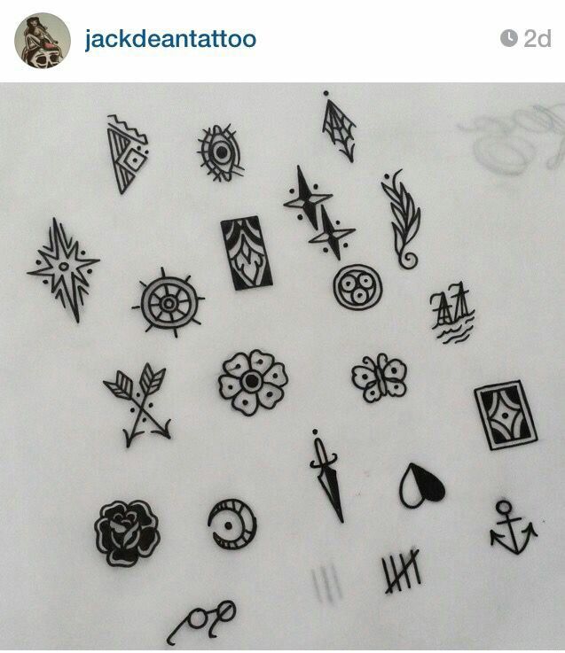 some black and white tattoos are on a sheet of paper with scissors, flowers, and other symbols