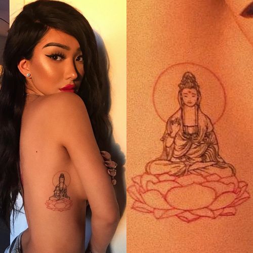 a woman with tattoos on her back next to an image of a buddha