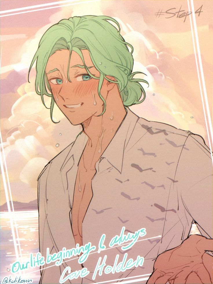 an anime character with green hair standing in front of the ocean and clouds behind him