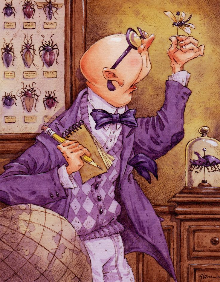 a drawing of a man in a purple suit holding a book and looking at bugs on the wall