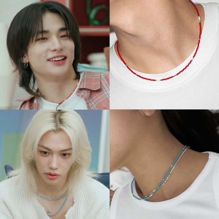 three pictures of the same person wearing different necklaces