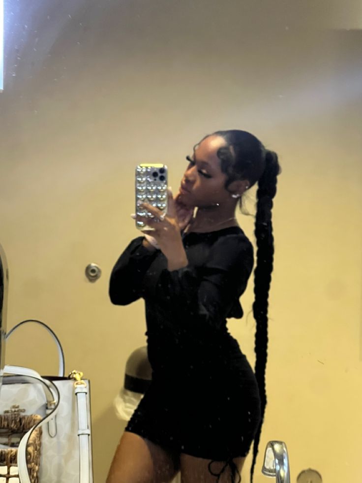 Long braided pony | ponytails | soft styles Pony Tail Braid For Black Women, Mid Ponytail Braid, One Big Braid Ponytail For Black Women, Mid High Braided Ponytail, Braided 2 Ponytail Hairstyles, No Part Braided Ponytail, Long Slick Back Braided Ponytail, Long Braid Ponytail Weave, Ponitalli Hairstyle Braid