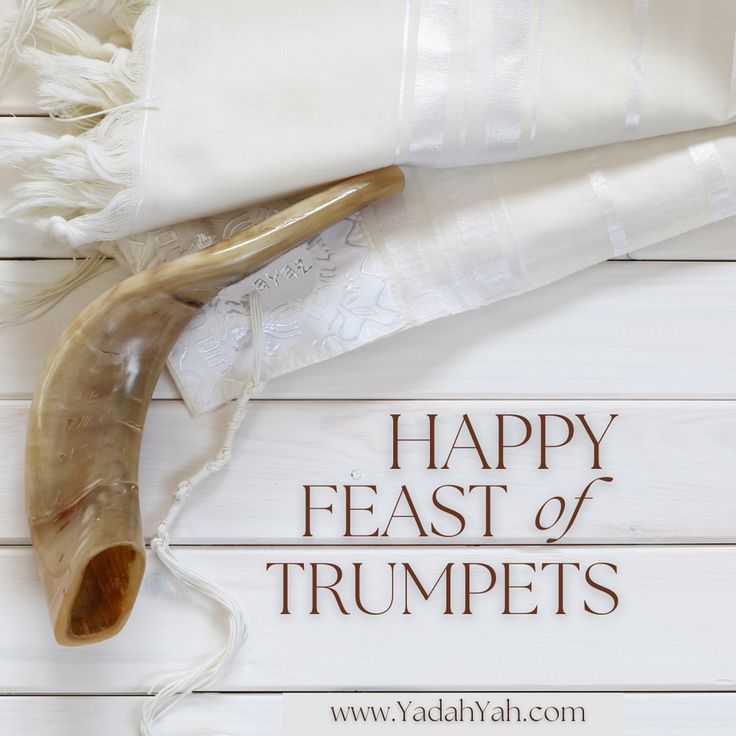 an image of happy feast of trumpets on white wood planks with text that reads, happy feast of trumpets