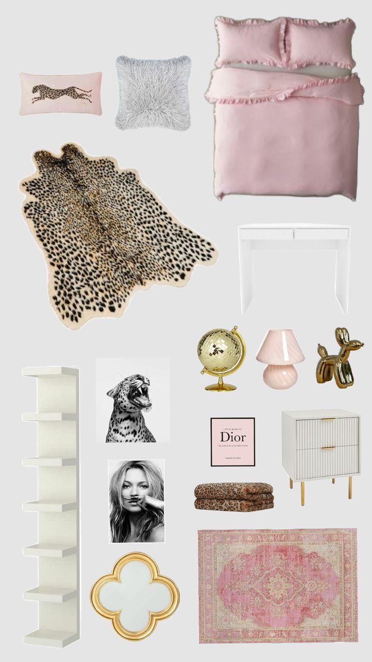 a collage of pink and gold items including bedding, pillows, rugs and lamps