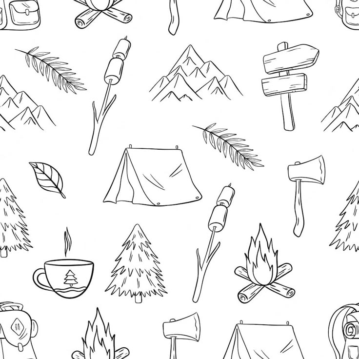 black and white hand drawn camping related items on a white background, including tent, campfire, backpack, firewood, mug