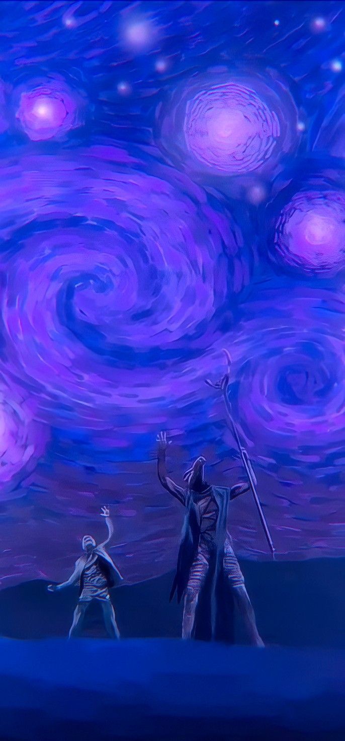 two people standing in front of a purple and blue sky with stars above them, one holding a staff