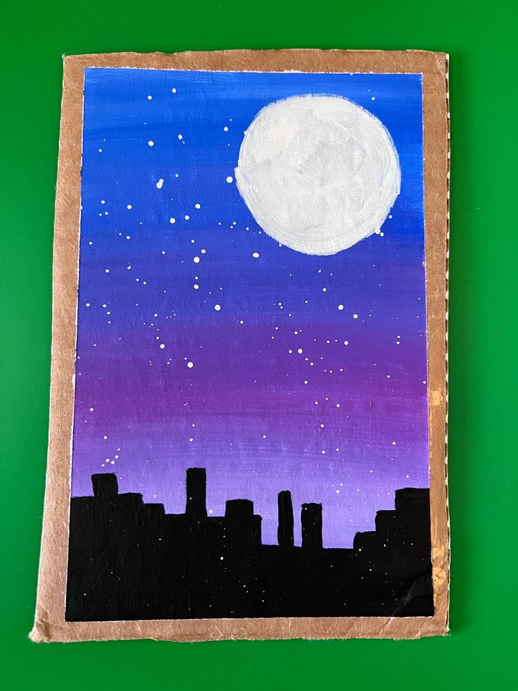 a painting of a city skyline with the moon in the sky