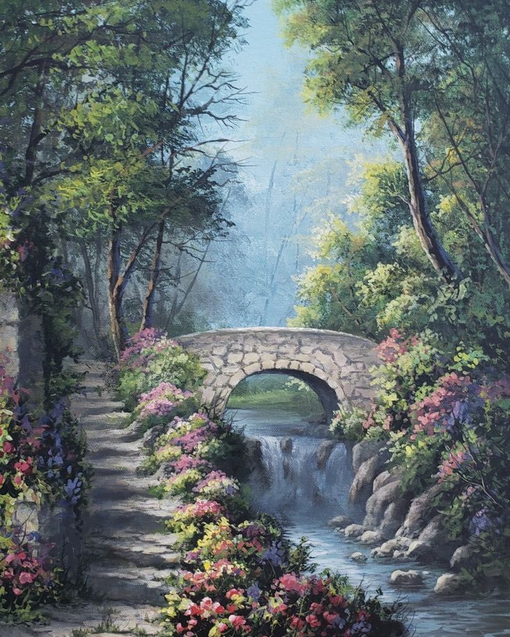 a painting of a stone bridge over a stream in the woods with flowers and trees around it