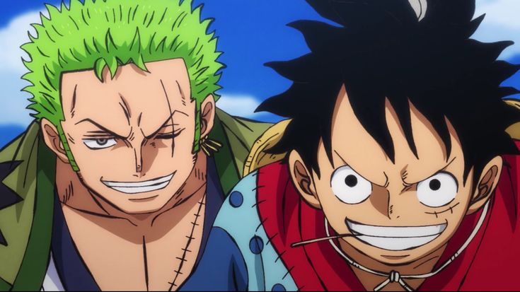 two anime characters one with green hair and the other with black hair, staring at the camera