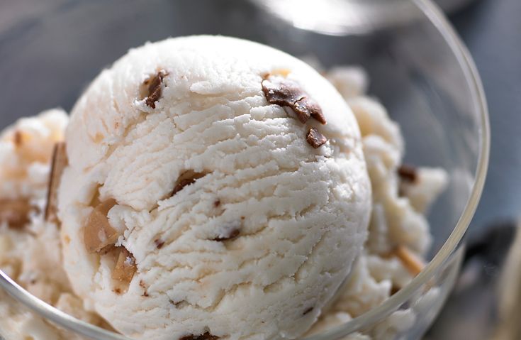 a scoop of ice cream in a glass bowl