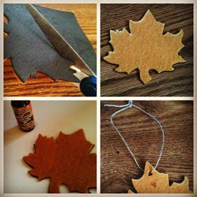 four different pictures of maple leaves being made with scissors and wood shavings to make them look like they have been cut