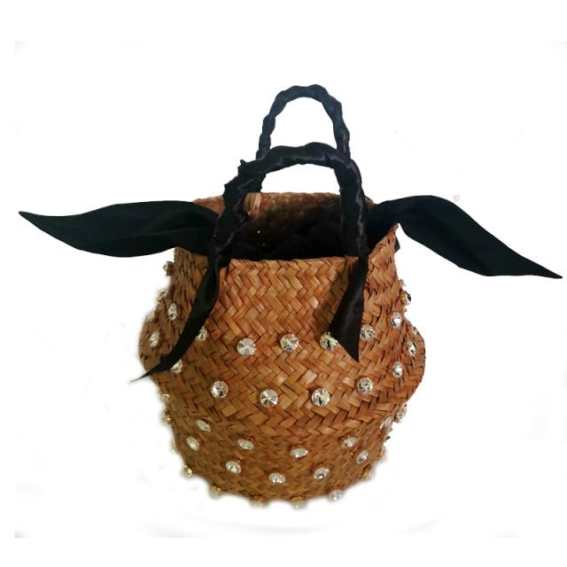 Straw bucket bag with top handle designer is great for traveling to the beach, yoga, or the marketplace. Main Material: Straw Single Strap Interior: No Pocket Lining Material: Cotton Luxury Beach Resorts, Boho Shoes, Retro Handbags, Popular Handbags, Bucket Handbags, Bohemian Bags, Handmade Sewing, Women Design, Boho Sandals