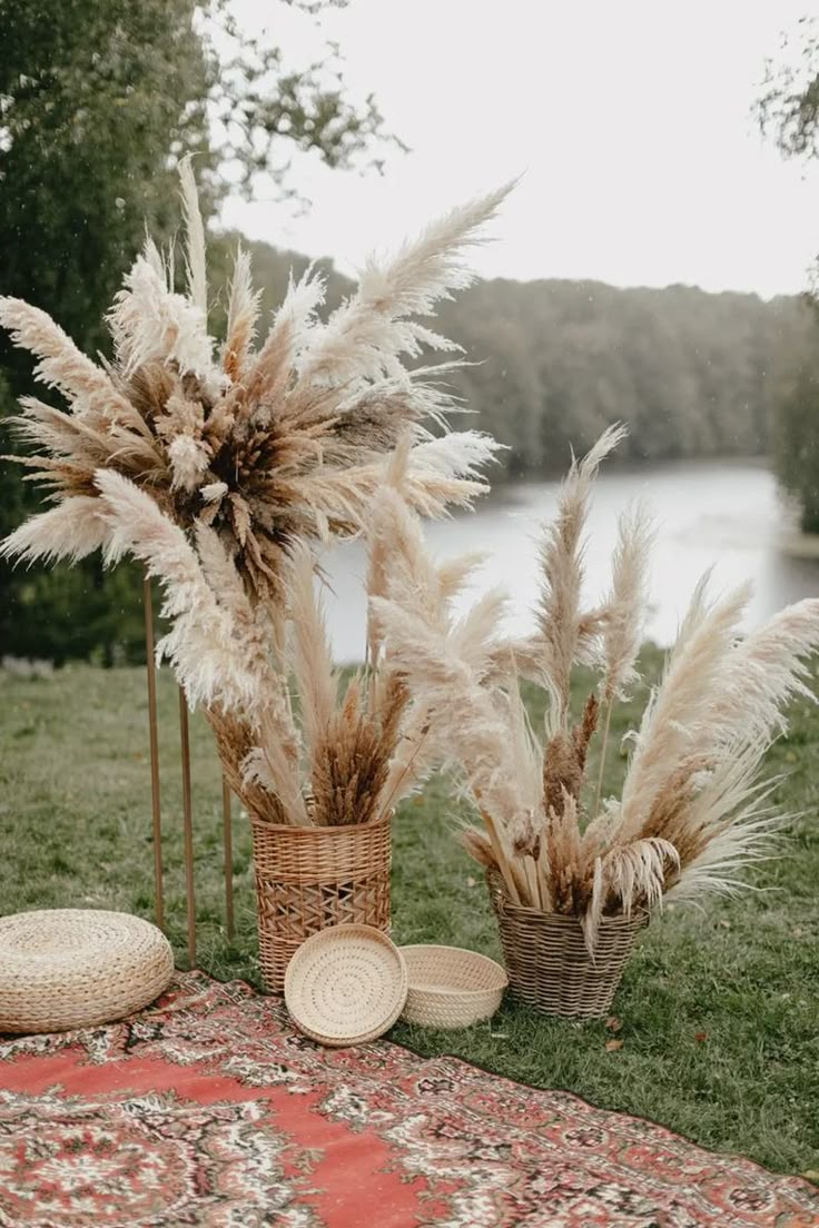 two baskets filled with dried plants on top of a rug next to a body of water