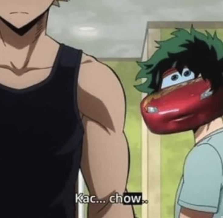 an anime character wearing a red helmet next to another character in a black tank top