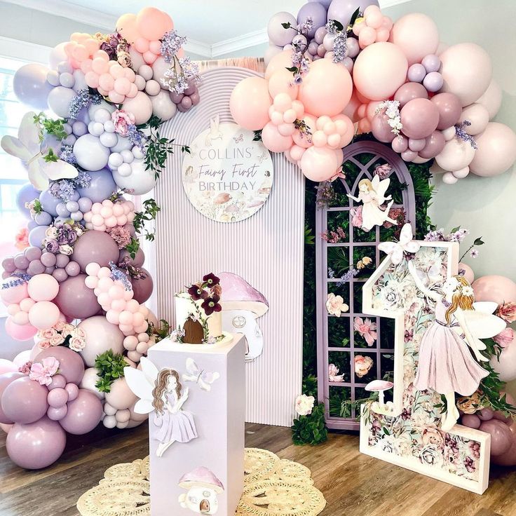 Fairies First Birthday Party, Fairy First Balloon Garland, Decoration For First Birthday Girl, Fairy First Birthday Balloons, Fairytale 1st Birthday Party, Fairies Birthday Theme, Fairy First Birthday Balloon Arch, Fairy First Backdrop, First Birthday Girl Fairy Theme