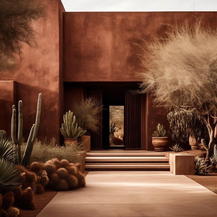 an adobe - style house with cactus and cacti in the foreground