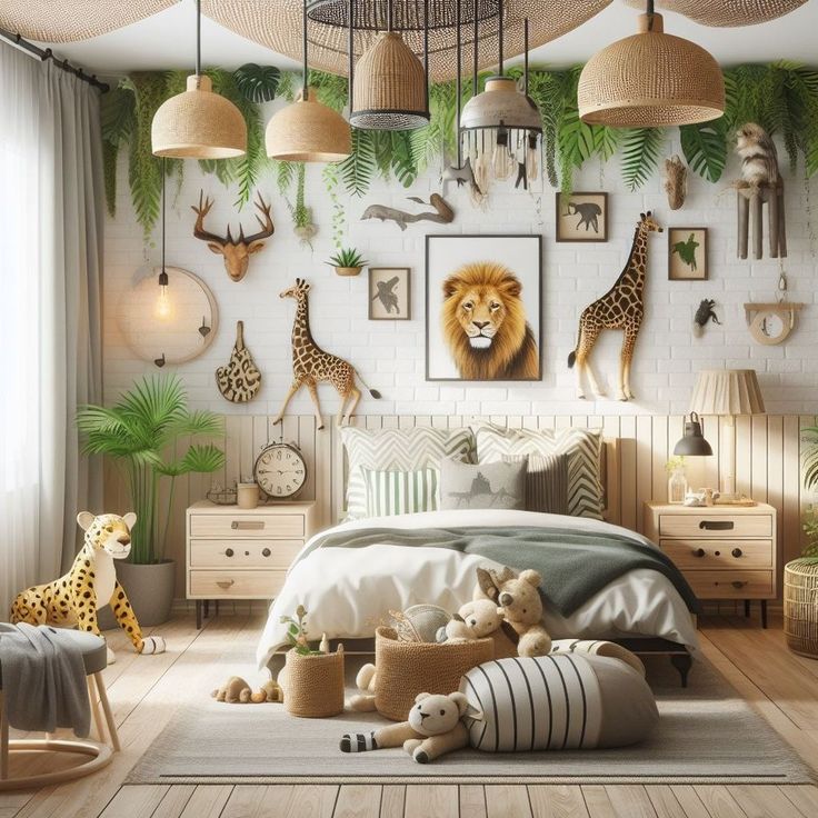 a bedroom decorated in white and green with animals, giraffes and zebras on the wall