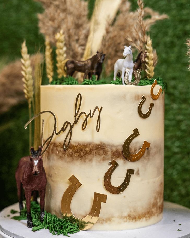 there is a cake with horses on it and the letters dfwpqc