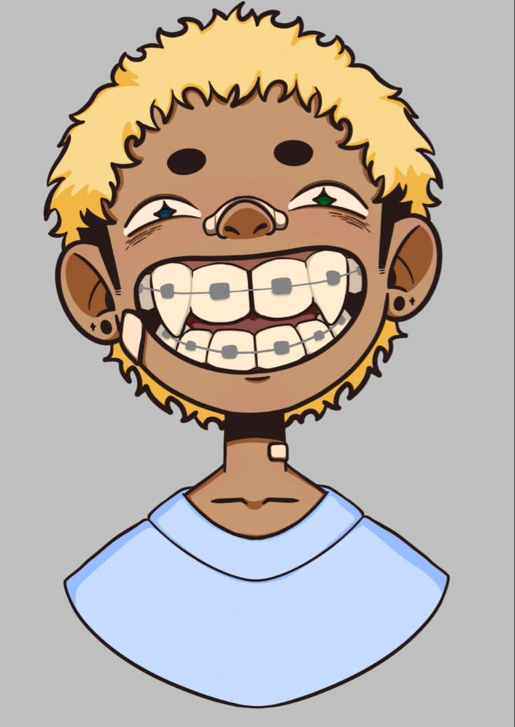 an image of a cartoon boy with braces on his teeth and yellow hair smiling