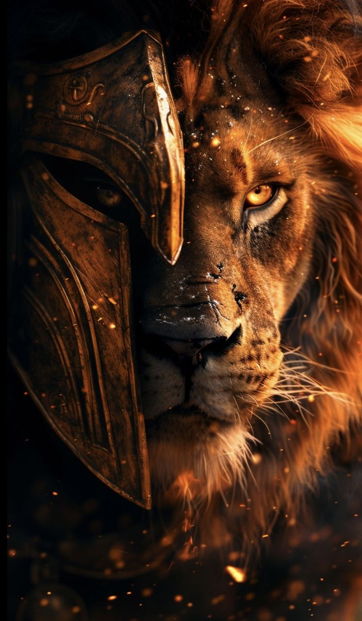 a close up of a lion with a helmet on it's head and fire in the background