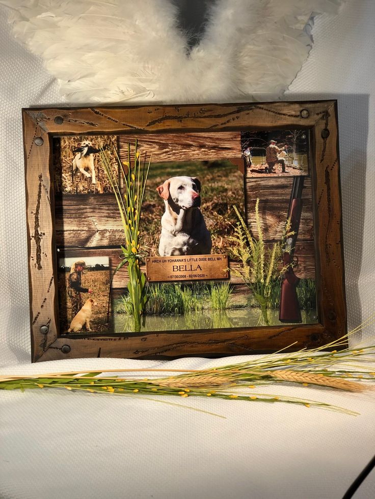 a dog is sitting in front of a wooden frame with an image of him on it