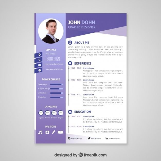 a purple and blue resume template with an image on the front, side and back