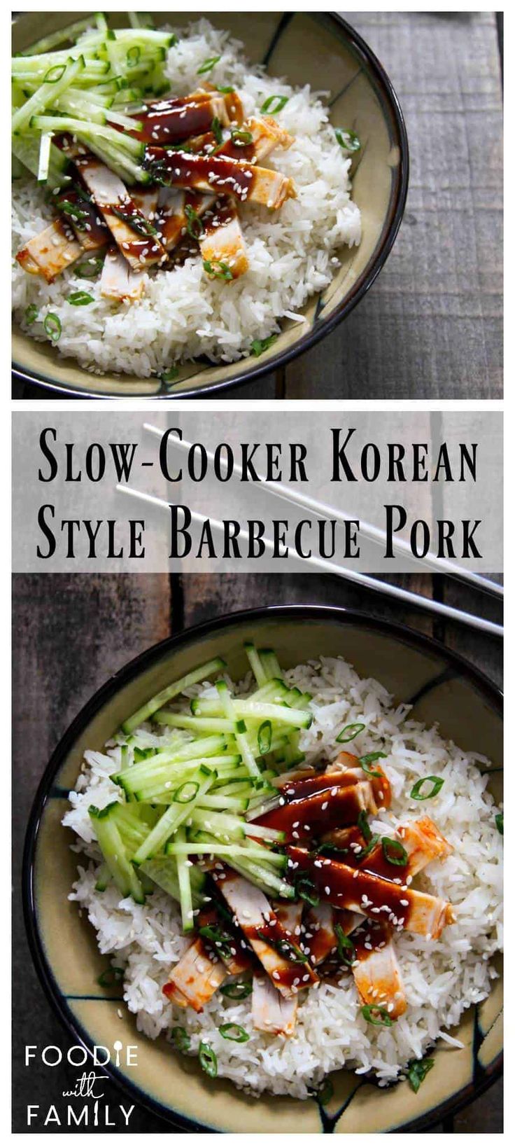 two pictures showing how to make slow cooker korean style barbecue pork with rice and broccoli