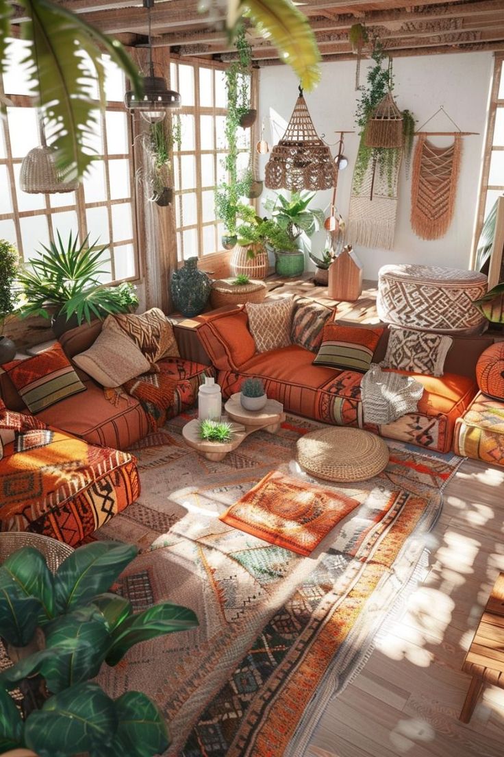 a living room filled with lots of different types of furniture and plants on top of it