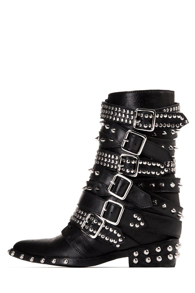 Leather Rocker Boots With Studs, Rocker Leather Boots With Studs, Rocker Platform Boots With Rivets For Fall, Edgy Riveted Ankle Platform Boots, Edgy High Ankle Moto Boots With Rivets, Punk Leather Boots With Grommets, Rocker Boots With Spikes For Fall, Edgy Winter Boots With Grommets, Edgy Leather Platform Boots With Grommets