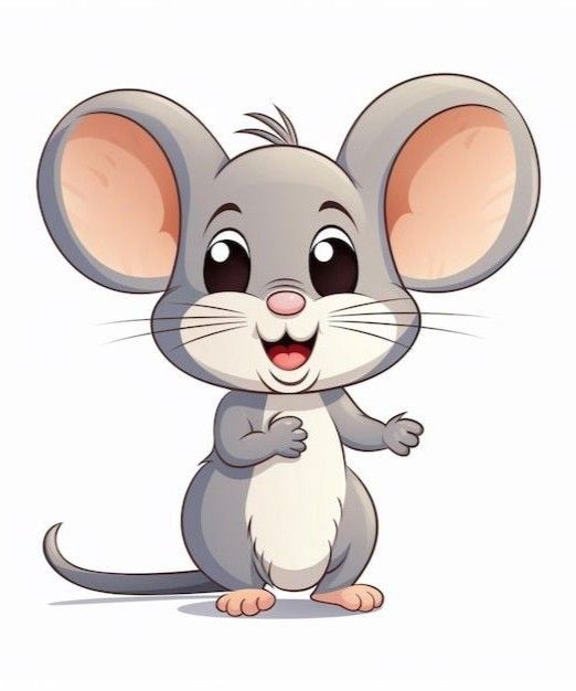 a cartoon mouse standing up with its hands in the air and looking at the camera