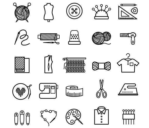 sewing related items are shown in this black and white illustration, which is part of a series of hand drawn doodles