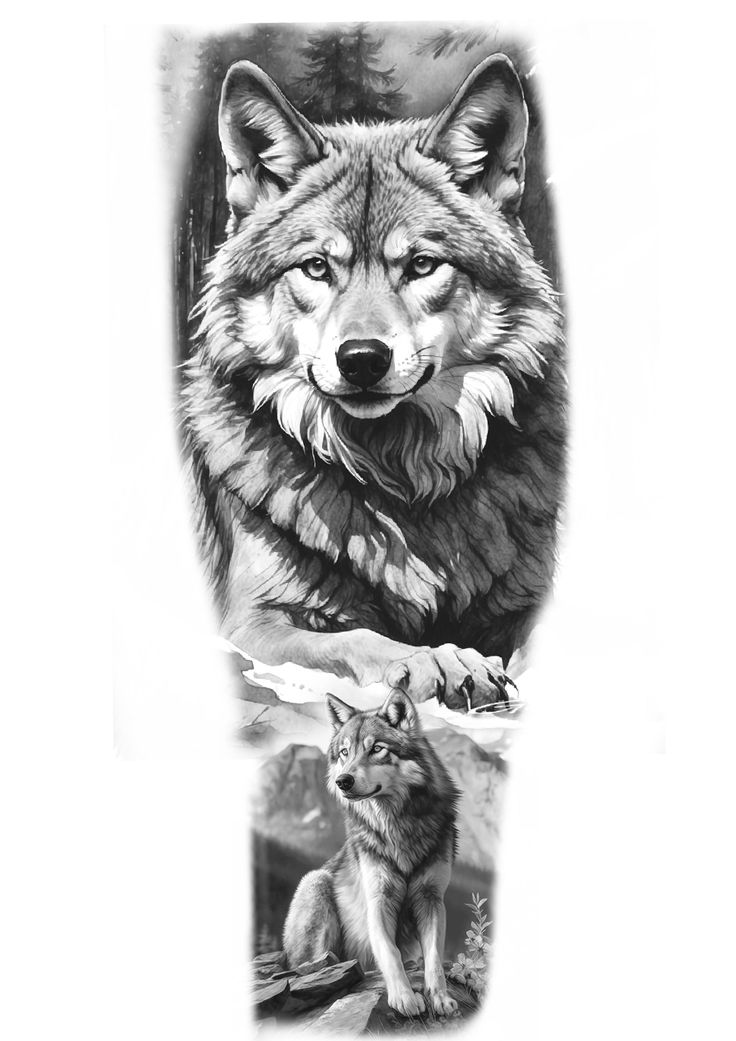 an image of a wolf tattoo design on the left side of his arm and chest