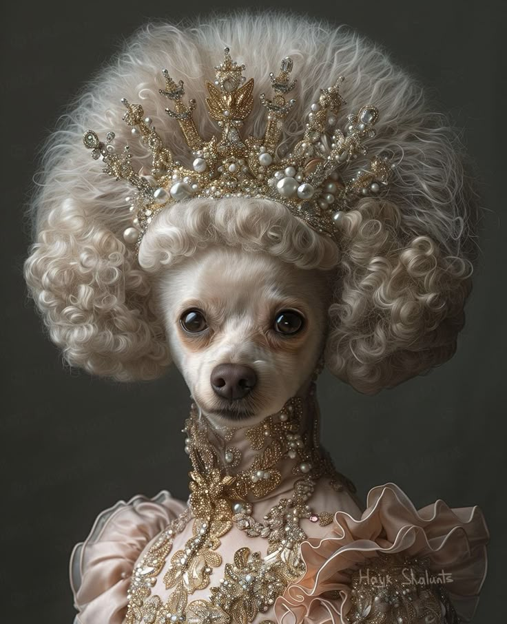 a dog dressed up in a dress and tiara with pearls on it's head