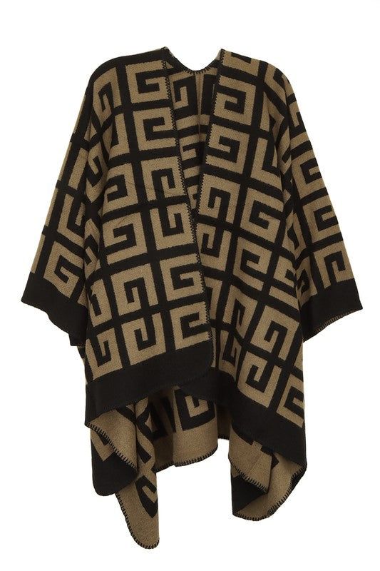 Greek Pattern Poncho63"(L) X 47.2"(W)Size Measurement (inch):OS: (Bust), (Waist), (Hips), (Length) Black Batwing Sleeve Poncho For Fall, Black Shawl Outerwear For Fall, One Size Black Cape For Winter, Chic Black Cape For Fall, Black Shawl Winter Outerwear, Black Shawl Cape For Fall, Chic Black Fall Cape, Black Batwing Sleeve Cape For Fall, Chic One Size Black Poncho