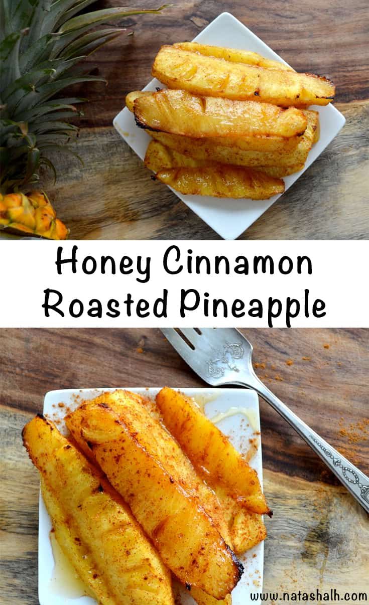 honey cinnamon roasted pineapple on a white plate