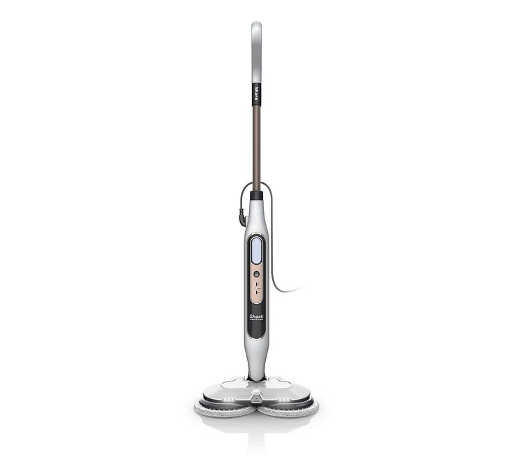 a silver and black steam mop on a white background