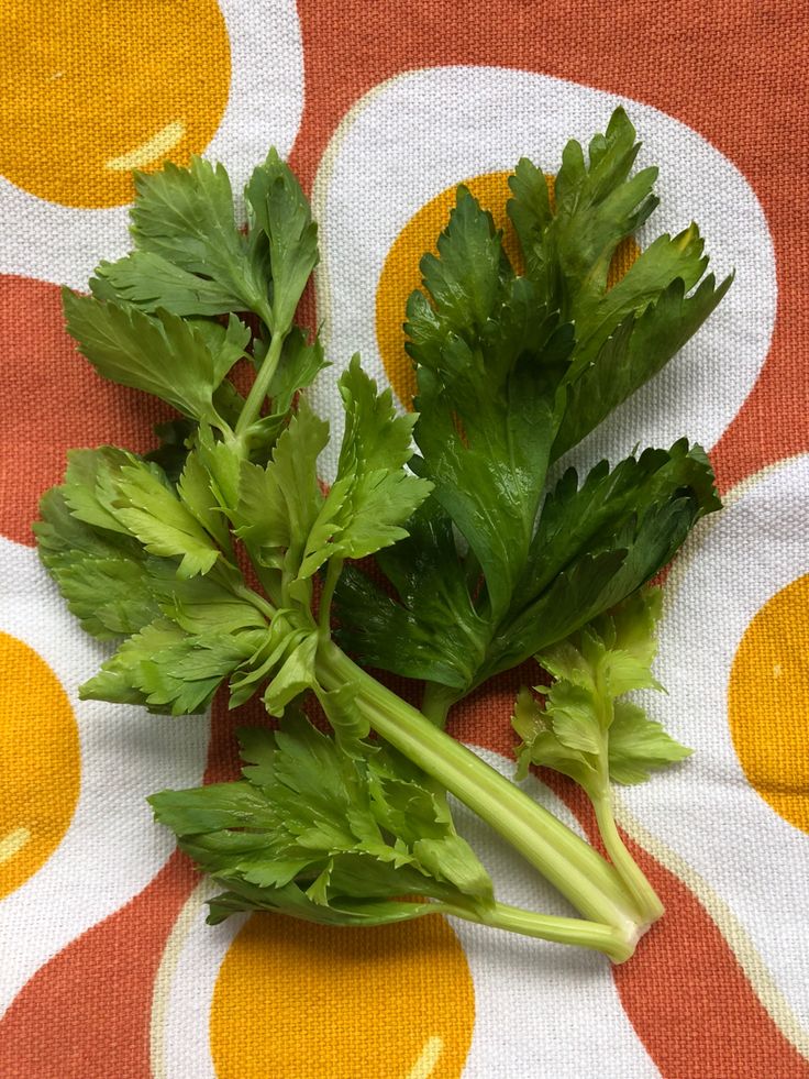 some green leafy vegetables are laying on a tablecloth with orange circles in the background