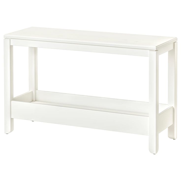 a white table with two shelves on the bottom and one shelf below it, against a white background