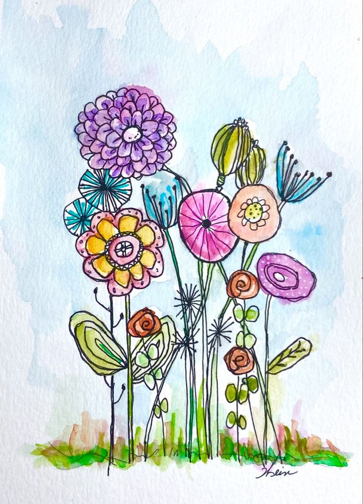 watercolor and ink painting of colorful flowers on white paper with blue sky in the background