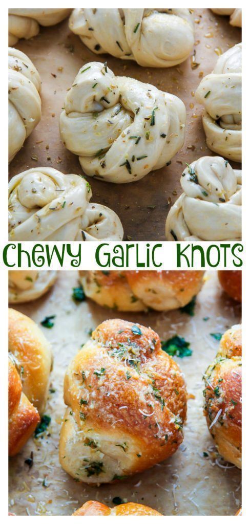 garlic knots on a baking sheet with text overlay