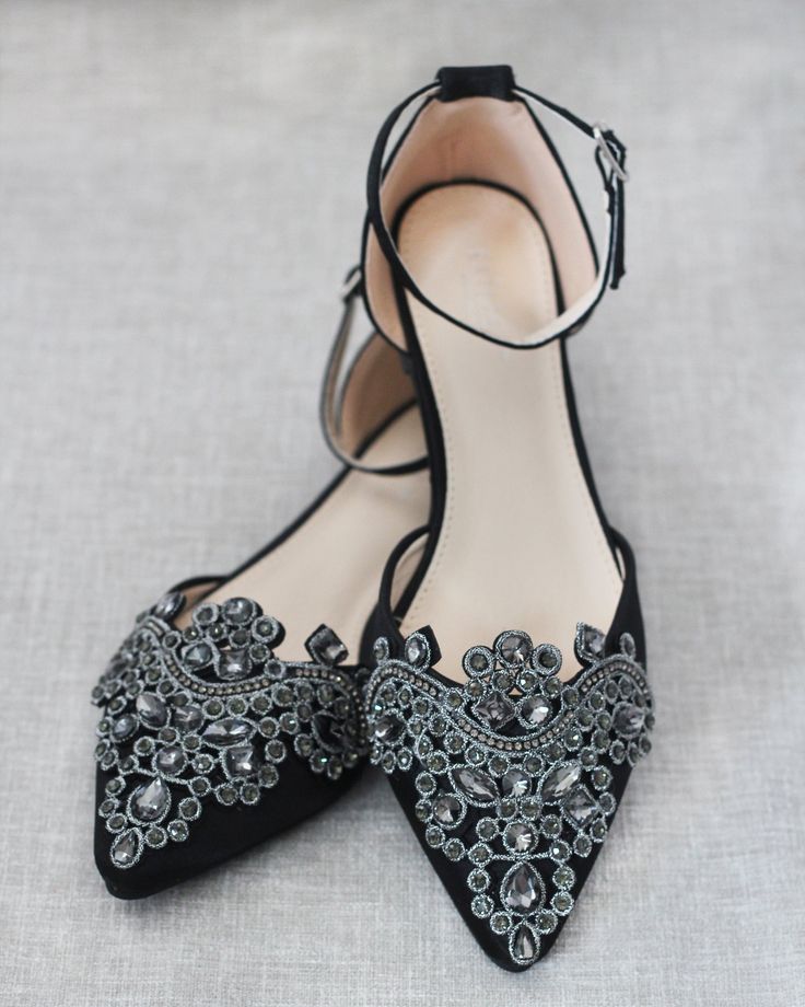 Rhinestone Applique Embellishments, Fall Wedding Shoes, Black Evening Shoes, Black Sparkly Heels, Bridesmaids Shoes, Bridal Shoes Low Heel, Holiday Shoes, Sparkly Heels, Pointy Toe Flats