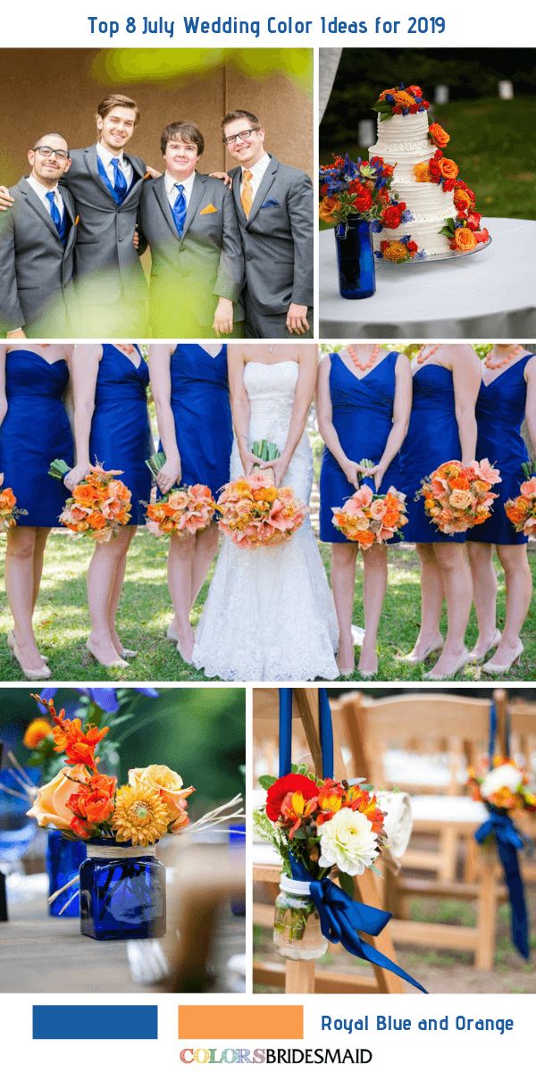 the wedding color scheme is blue and orange