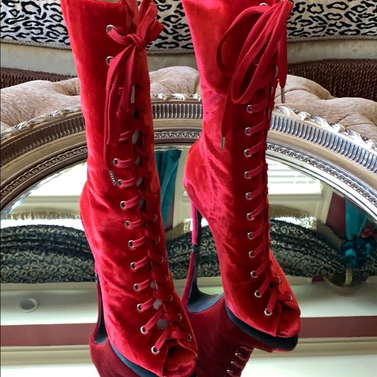 The Classiest Red Velvet Boot! 4 1/2 Inch Heels With A Zipper In The Back & Tie Up In The Front. This Can Be Dressed Up Or Dressed Down. Purchased In Dubai But Never Worn! Red Lace-up Heels With Reinforced Heel, Elegant Red Boots With 4-inch Heel, Red Lace-up Platform Heels, Red Fitted Elegant Boots, Fitted Red Elegant Boots, Elegant Fitted Red Boots, Evening Lace-up Heels With Red Sole, Red Open Toe Fitted Boots, Red Closed Toe Boots For Party