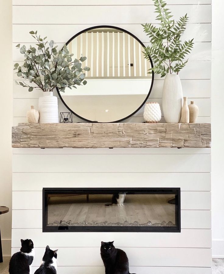 three black and white cats sitting on the floor in front of a fireplace with a round mirror above it