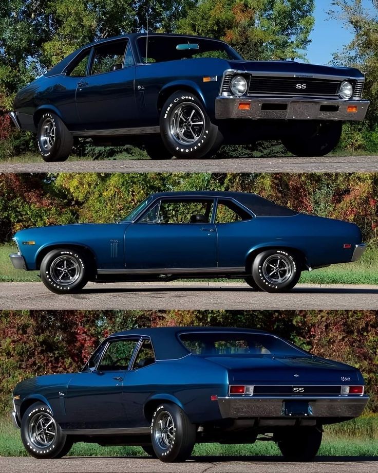 three pictures of the same car in different stages of being painted blue and black, one is