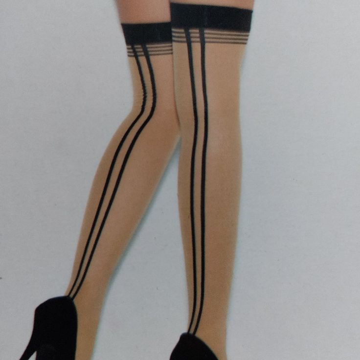 Sheer Multiple Striped Thigh Hi W/Double Back Seam Size(S): One Size Fits Most Up To 160 Lbs Color(S): Nude/Black Material(S): 85% Nylon 15% Spandex Retro Stretch Thigh High Legwear, Retro Thigh High Stretch Legwear, Retro Stretch Thigh-high Legwear, Retro Thigh-high Legwear, Beige Fitted Thigh-high Hosiery, Retro Fitted Stockings, Honey Costume, Butler Costume, Referee Costume