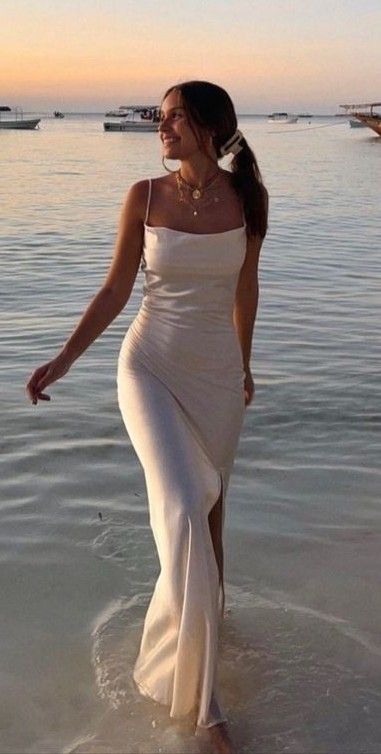 Formal Beach Dress, Aina Simon, Men's Capsule Wardrobe, Satin Sleeves, Summer Picture Poses, Vacation Aesthetic, Birthday Shoot, Satin Evening Dresses, Beach Photography Poses